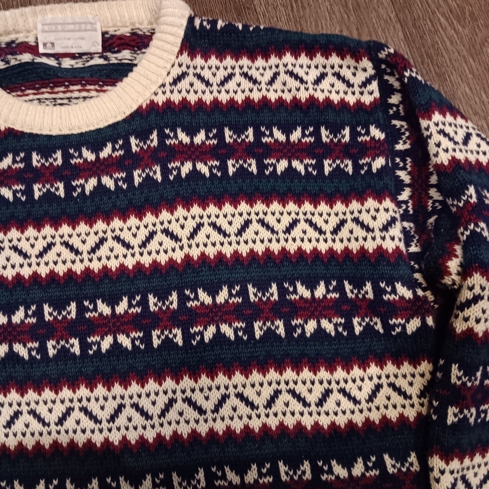 90s Lord Jeff Men's Navy and Cream Patterned Crewneck Sweater Sz L - Picture 3 of 4